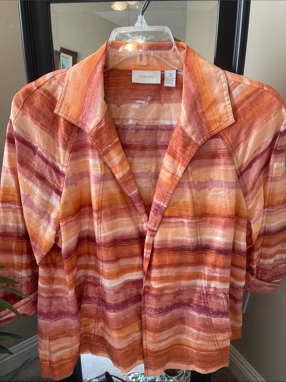 Chico's Striped Open Front Jacket in Orange and Pink Tones